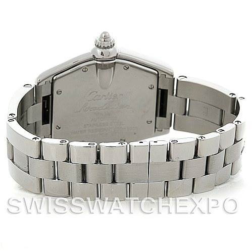 The image shows the back view of a Cartier Roadster 2510 210317CE Men's Stainless Steel Silver Dial 2510 210317CE Men's Stainless Steel Silver Dial watch, highlighting the clasp and stainless steel bracelet.