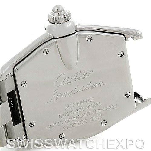 The image shows the back casing and crown of a Cartier Roadster 2510 210317CE Men's Stainless Steel Silver Dial 2510 210317CE Men's Stainless Steel Silver Dial watch at an angle.