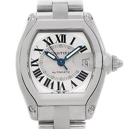 This image of a Cartier Roadster 2510 210317CE Men's Stainless Steel Silver Dial 2510 210317CE Men's Stainless Steel Silver Dial watch shows a front view including the dial, hands, crown, and part of the bracelet.