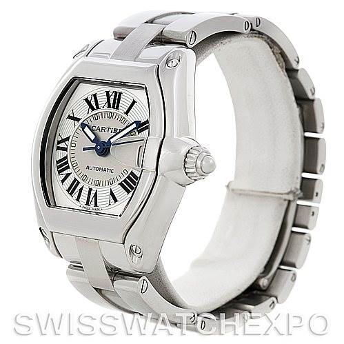 The image shows a Cartier Roadster 2510 210317CE Men's Stainless Steel Silver Dial 2510 210317CE Men's Stainless Steel Silver Dial watch at a slight angle, highlighting the face, bezel, crown, and part of the metal bracelet.