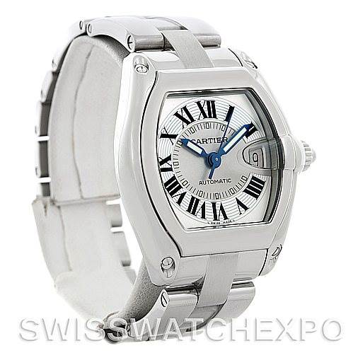 The image shows a Cartier Roadster 2510 210317CE Men's Stainless Steel Silver Dial 2510 210317CE Men's Stainless Steel Silver Dial watch from a front-left angle, highlighting its dial, casing, and bracelet.