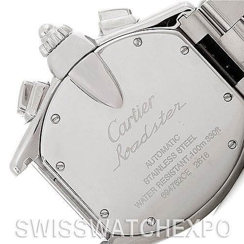 The image shows the stainless steel back case of a Cartier Roadster W62019X6 Men's Stainless Steel Silver Dial W62019X6 Men's Stainless Steel Silver Dial watch, highlighting its specifications and brand engraving.