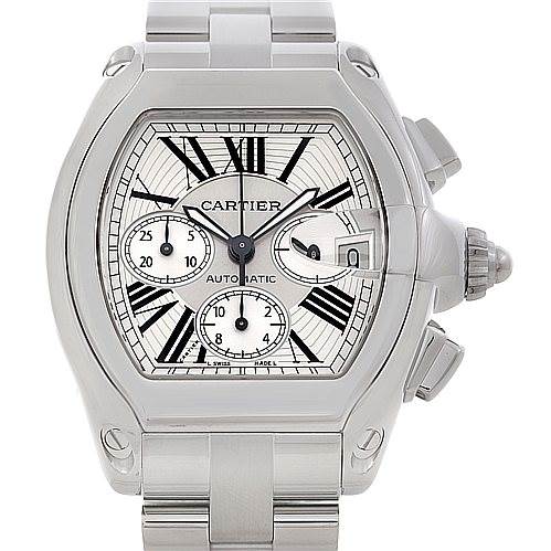 This image shows a frontal view of a Cartier Roadster W62019X6 Men's Stainless Steel Silver Dial W62019X6 Men's Stainless Steel Silver Dial watch, highlighting its face, bezels, dials, crown, and bracelet.