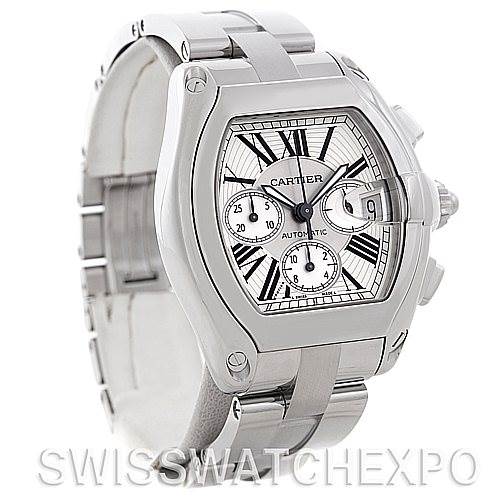 The Cartier Roadster W62019X6 Men's Stainless Steel Silver Dial W62019X6 Men's Stainless Steel Silver Dial watch is shown from an angled front view, highlighting its face, bezel, and part of the bracelet.