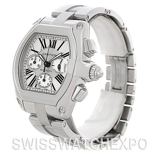 The image shows a Cartier Roadster W62019X6 Men's Stainless Steel Silver Dial W62019X6 Men's Stainless Steel Silver Dial watch, focusing on its face, crown, chronograph dials, and metal bracelet, from a three-quarter angle.