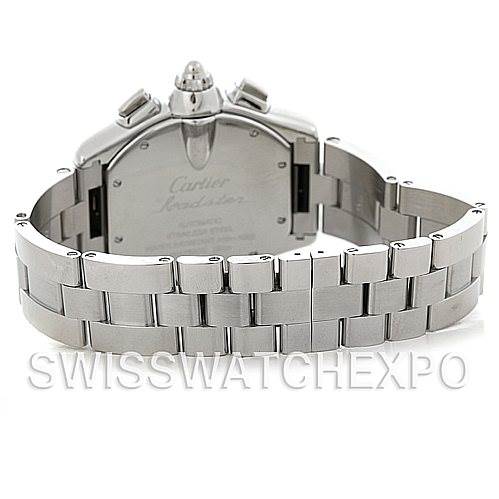 This image shows the back view of a Cartier Roadster W62019X6 Men's Stainless Steel Silver Dial W62019X6 Men's Stainless Steel Silver Dial watch, focusing on its stainless steel bracelet and caseback.