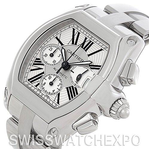 The image shows a Cartier Roadster W62019X6 Men's Stainless Steel Silver Dial W62019X6 Men's Stainless Steel Silver Dial watch at an angled view, highlighting its bezel, crown, dial, and part of the bracelet.