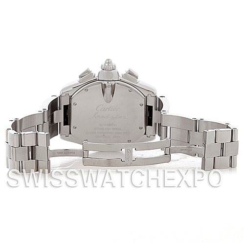 This image shows the back view and bracelet of a Cartier Roadster W62019X6 Men's Stainless Steel Silver Dial W62019X6 Men's Stainless Steel Silver Dial watch, with an open clasp displaying the brand engraving.