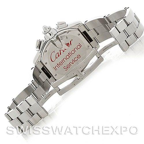 This image shows the back case and bracelet of a Cartier Roadster W62020X6 Men's Stainless Steel Black Dial W62020X6 Men's Stainless Steel Black Dial watch, focusing on the secure clasp and the inscribed case back.