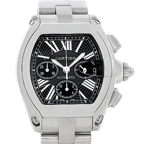 The image shows a Cartier Roadster W62020X6 Men's Stainless Steel Black Dial W62020X6 Men's Stainless Steel Black Dial watch from a front angle, displaying its face, crown, and chronograph pushers.