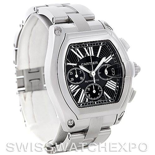 The image shows a side angle of the Cartier Roadster W62020X6 Men's Stainless Steel Black Dial W62020X6 Men's Stainless Steel Black Dial watch, highlighting the face, bezel, bracelet, and side crown.