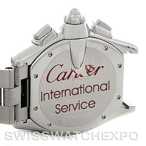 The image shows the back of a Cartier Roadster W62020X6 Men's Stainless Steel Black Dial W62020X6 Men's Stainless Steel Black Dial watch with its case back and lugs visible, marked "Cartier International Service."