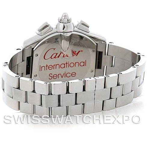 This image shows the back view of a Cartier Roadster W62020X6 Men's Stainless Steel Black Dial W62020X6 Men's Stainless Steel Black Dial watch, focusing on its clasp and bracelet.