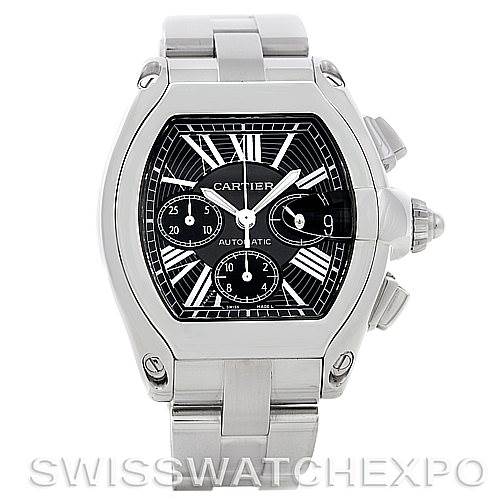 This image shows a frontal view of the Cartier Roadster W62020X6 Men's Stainless Steel Black Dial W62020X6 Men's Stainless Steel Black Dial watch, displaying the watch face, dial, and bracelet.