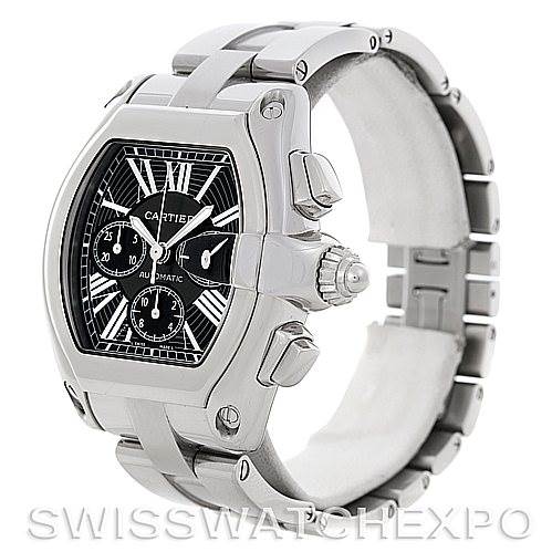 The image shows a Cartier Roadster W62020X6 Men's Stainless Steel Black Dial W62020X6 Men's Stainless Steel Black Dial watch from a front-left angle, highlighting its case, crown, dial, and bracelet.