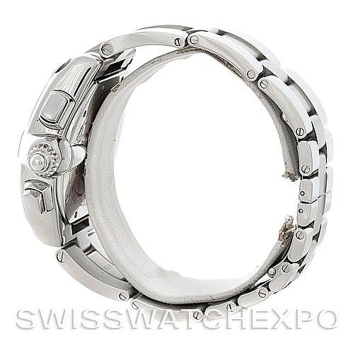 The image shows a side view of a Cartier Roadster W62020X6 Men's Stainless Steel Black Dial W62020X6 Men's Stainless Steel Black Dial watch, highlighting the crown, case, and metal bracelet.