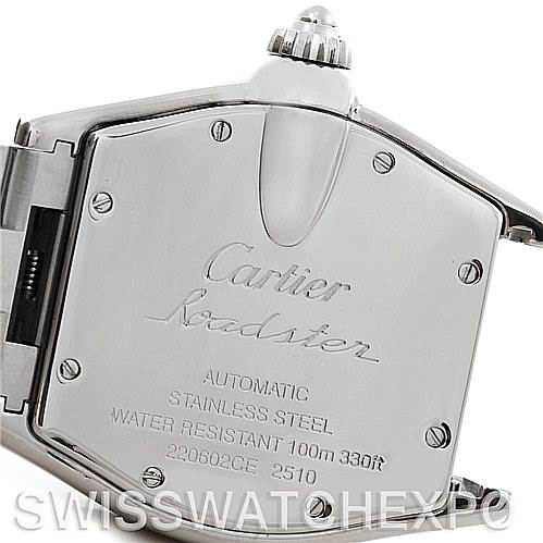 The image shows the back of the Cartier Roadster W62025V3 Men's Stainless Steel Silver Dial W62025V3 Men's Stainless Steel Silver Dial watch, including the case back inscriptions and part of the bracelet attachment.