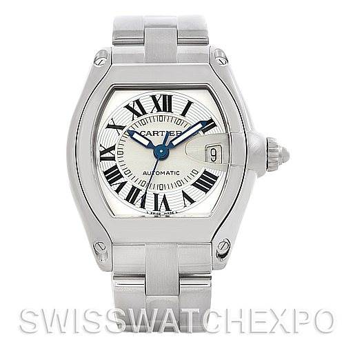 The image shows a front view of the Cartier Roadster W62025V3 Men's Stainless Steel Silver Dial W62025V3 Men's Stainless Steel Silver Dial watch, highlighting its dial, crown, and stainless steel bracelet.