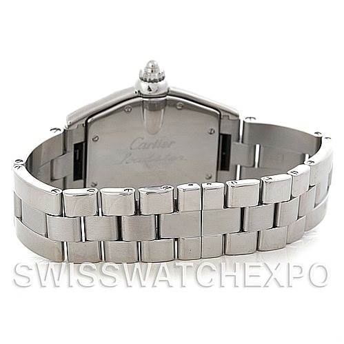 The image shows the back view of a Cartier Roadster W62025V3 Men's Stainless Steel Silver Dial W62025V3 Men's Stainless Steel Silver Dial watch, highlighting its stainless steel bracelet and case back.