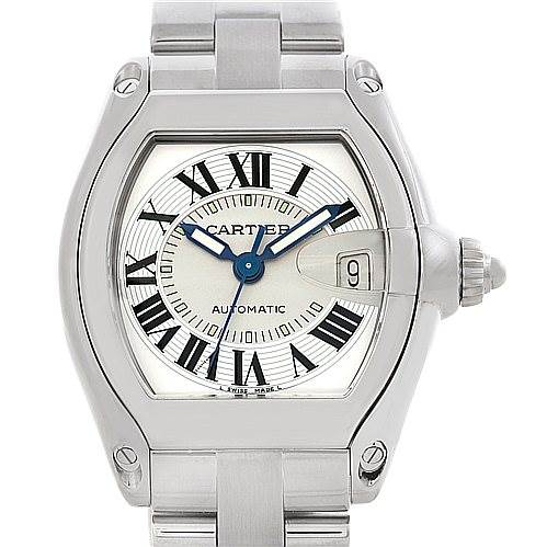 The image shows a front view of the Cartier Roadster W62025V3 Men's Stainless Steel Silver Dial W62025V3 Men's Stainless Steel Silver Dial watch, displaying its dial, case, and part of the bracelet.