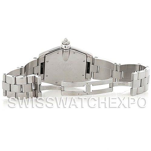 The image shows the back and fully open stainless steel bracelet of a Cartier Roadster W62025V3 Men's Stainless Steel Silver Dial W62025V3 Men's Stainless Steel Silver Dial watch.