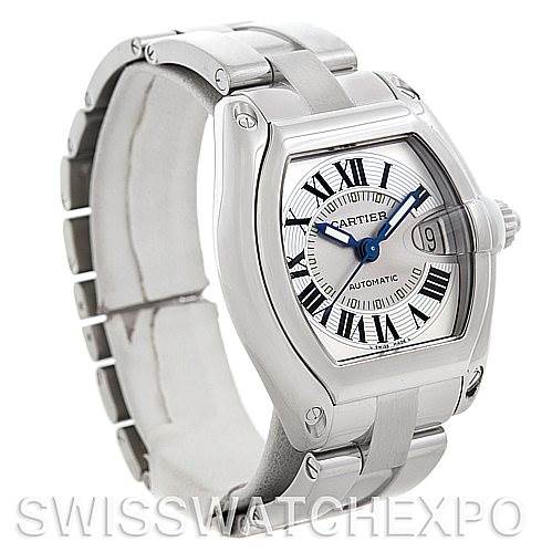 The image shows a Cartier Roadster W62025V3 Men's Stainless Steel Silver Dial W62025V3 Men's Stainless Steel Silver Dial watch at a three-quarter angle, highlighting its face, band, and distinctive case design.