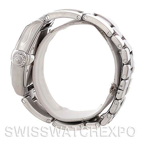 The image shows the side view of a Cartier Roadster W62025V3 Men's Stainless Steel Silver Dial W62025V3 Men's Stainless Steel Silver Dial watch, highlighting its case, crown, and bracelet links.