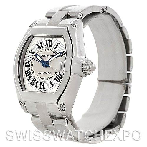 This image shows a Cartier Roadster W62025V3 Men's Stainless Steel Silver Dial W62025V3 Men's Stainless Steel Silver Dial watch at a three-quarter angle, highlighting its face, bezel, crown, and part of its metal bracelet.