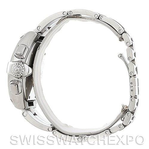 The image shows a side view of the Cartier Roadster W62020X6 Men's Stainless Steel Black Dial W62020X6 Men's Stainless Steel Black Dial watch, highlighting its case and metal bracelet.