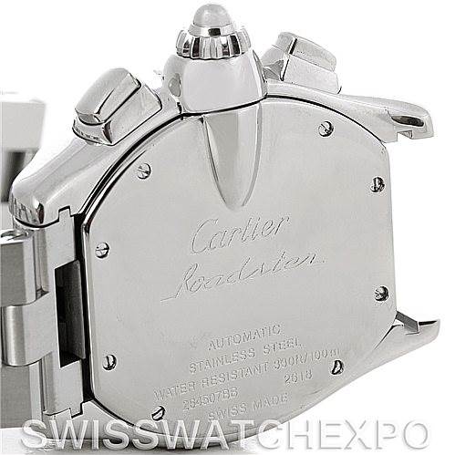 The image shows the back view of a Cartier Roadster W62020X6 Men's Stainless Steel Black Dial W62020X6 Men's Stainless Steel Black Dial watch highlighting the case back and the engraved details.