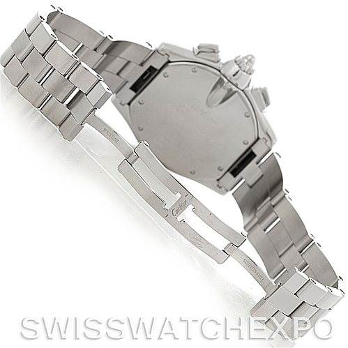 This image shows the back and bracelet of the Cartier Roadster W62020X6 Men's Stainless Steel Black Dial W62020X6 Men's Stainless Steel Black Dial watch at a rear angle.