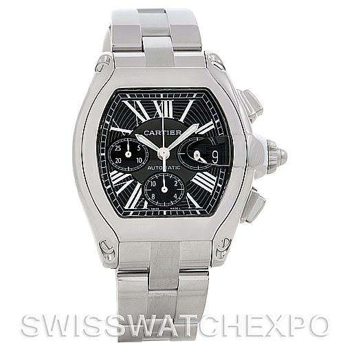 This Cartier Roadster W62020X6 Men's Stainless Steel Black Dial W62020X6 Men's Stainless Steel Black Dial watch is shown from a front angle, displaying its face, bezel, and bracelet.