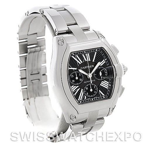 The image shows a Cartier Roadster W62020X6 Men's Stainless Steel Black Dial W62020X6 Men's Stainless Steel Black Dial watch at a left-side angle, highlighting the stainless steel bracelet, case, crown, and dial.