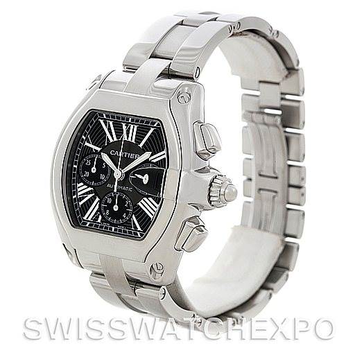 The image shows a side angle of a Cartier Roadster W62020X6 Men's Stainless Steel Black Dial W62020X6 Men's Stainless Steel Black Dial watch, highlighting the bracelet, crown, and dial with subdials.