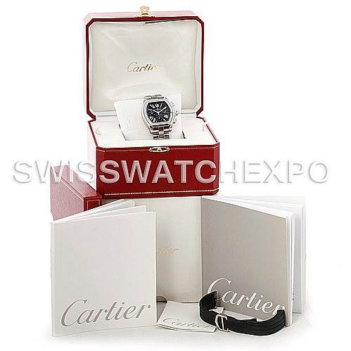 The image shows the Cartier Roadster W62020X6 Men's Stainless Steel Black Dial W62020X6 Men's Stainless Steel Black Dial watch in an open case, surrounded by documentation and an additional strap.