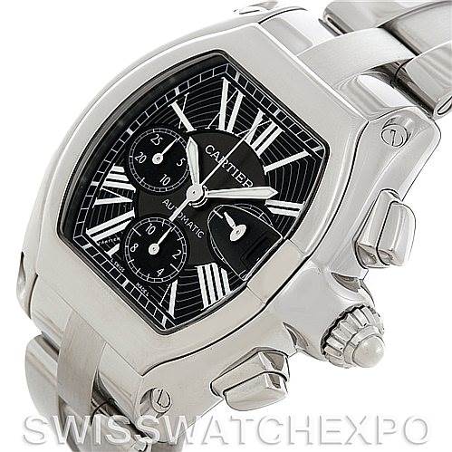 This image shows the Cartier Roadster W62020X6 Men's Stainless Steel Black Dial W62020X6 Men's Stainless Steel Black Dial watch face and stainless steel bracelet at a three-quarter angle.