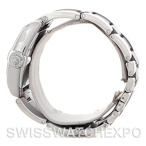 The image shows a side view of the Cartier Roadster W62025V3 Men
s Stainless Steel Silver Dial W62025V3 Men
s Stainless Steel Silver Dial watch, highlighting the crown and bracelet.