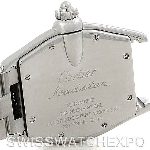 This image shows the back casing and crown of the Cartier Roadster W62025V3 Men
s Stainless Steel Silver Dial W62025V3 Men
s Stainless Steel Silver Dial watch.