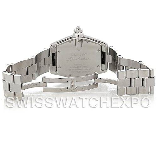 This image shows the open clasp and the back of the case of a Cartier Roadster W62025V3 Men
s Stainless Steel Silver Dial W62025V3 Men
s Stainless Steel Silver Dial watch.