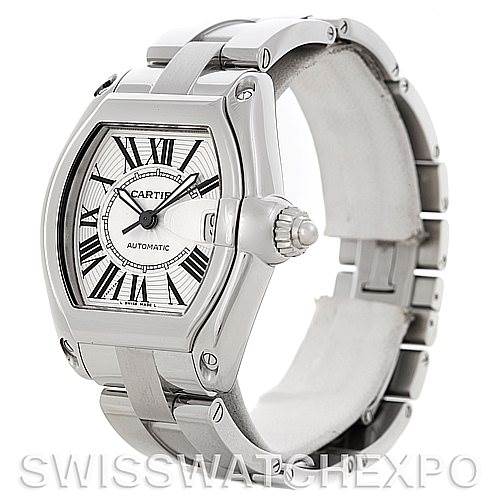 The Cartier Roadster W62025V3 Men
s Stainless Steel Silver Dial W62025V3 Men
s Stainless Steel Silver Dial watch is shown at a three-quarter angle, displaying the face, bezel, crown, and bracelet.
