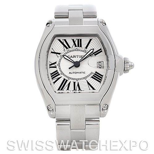 The image shows a Cartier Roadster W62025V3 Men
s Stainless Steel Silver Dial W62025V3 Men
s Stainless Steel Silver Dial watch from a front angle, highlighting the face, bezel, crown, and part of the bracelet.