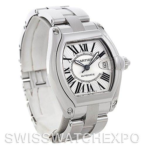 The image shows a Cartier Roadster W62025V3 Men
s Stainless Steel Silver Dial W62025V3 Men
s Stainless Steel Silver Dial model watch from a three-quarter angle, displaying its face, bracelet, and date window.