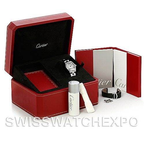 This image shows the Cartier Roadster W62025V3 Men
s Stainless Steel Silver Dial W62025V3 Men
s Stainless Steel Silver Dial watch with its accessories, including a box, booklet, cleaning cloth, and extra strap.