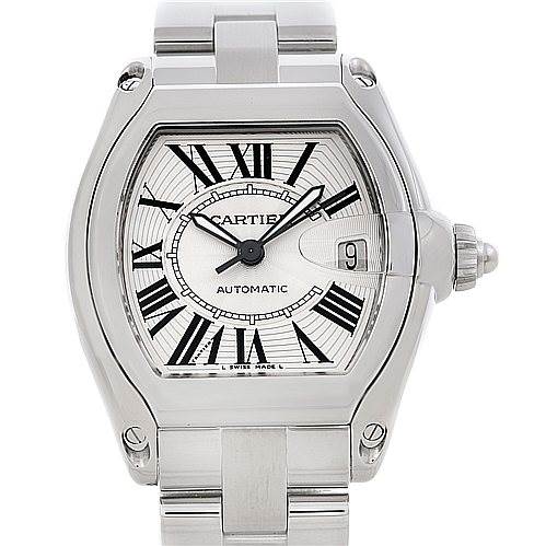 The image shows a frontal view of a Cartier Roadster W62025V3 Men
s Stainless Steel Silver Dial W62025V3 Men
s Stainless Steel Silver Dial watch, displaying its face, Roman numeral markers, and metal bracelet.