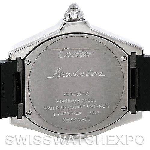 This image shows the back view of a Cartier Roadster W6206018 Men's Stainless Steel Silver Dial W6206018 Men's Stainless Steel Silver Dial watch, highlighting its stainless steel case and water resistance markings.