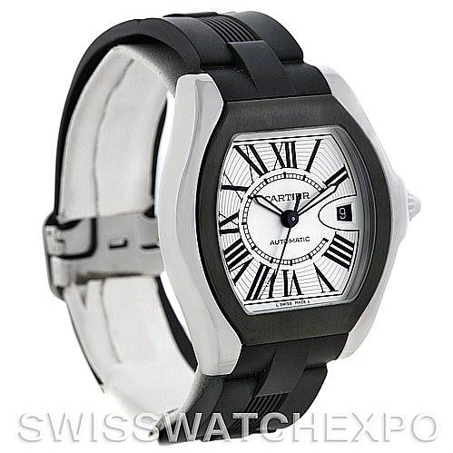 The image shows a Cartier Roadster W6206018 Men's Stainless Steel Silver Dial W6206018 Men's Stainless Steel Silver Dial model watch at a slight angle, highlighting the face, bezel, and rubber strap.