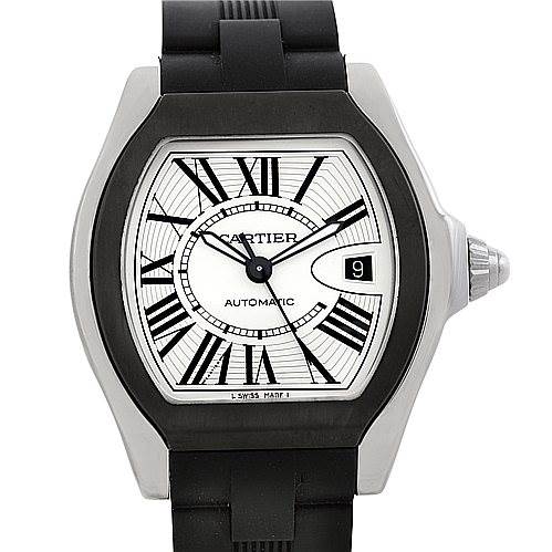 The image shows the Cartier Roadster W6206018 Men's Stainless Steel Silver Dial W6206018 Men's Stainless Steel Silver Dial watch face, case, and part of the black rubber strap from a front angle.