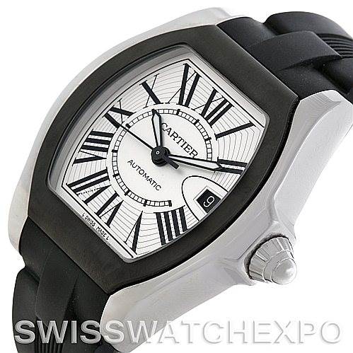 The image shows a Cartier Roadster W6206018 Men's Stainless Steel Silver Dial W6206018 Men's Stainless Steel Silver Dial watch from an angled-side view, highlighting the face, bezel, black rubber strap, and crown.