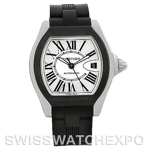 This Cartier Roadster W6206018 Men's Stainless Steel Silver Dial W6206018 Men's Stainless Steel Silver Dial watch is shown from the front, displaying the face, bezel, and a portion of the strap.