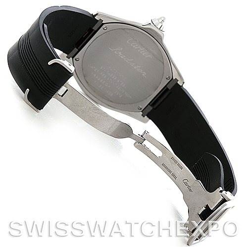 The image shows the back case and strap of a Cartier Roadster W6206018 Men's Stainless Steel Silver Dial W6206018 Men's Stainless Steel Silver Dial watch, with an open deployment clasp.